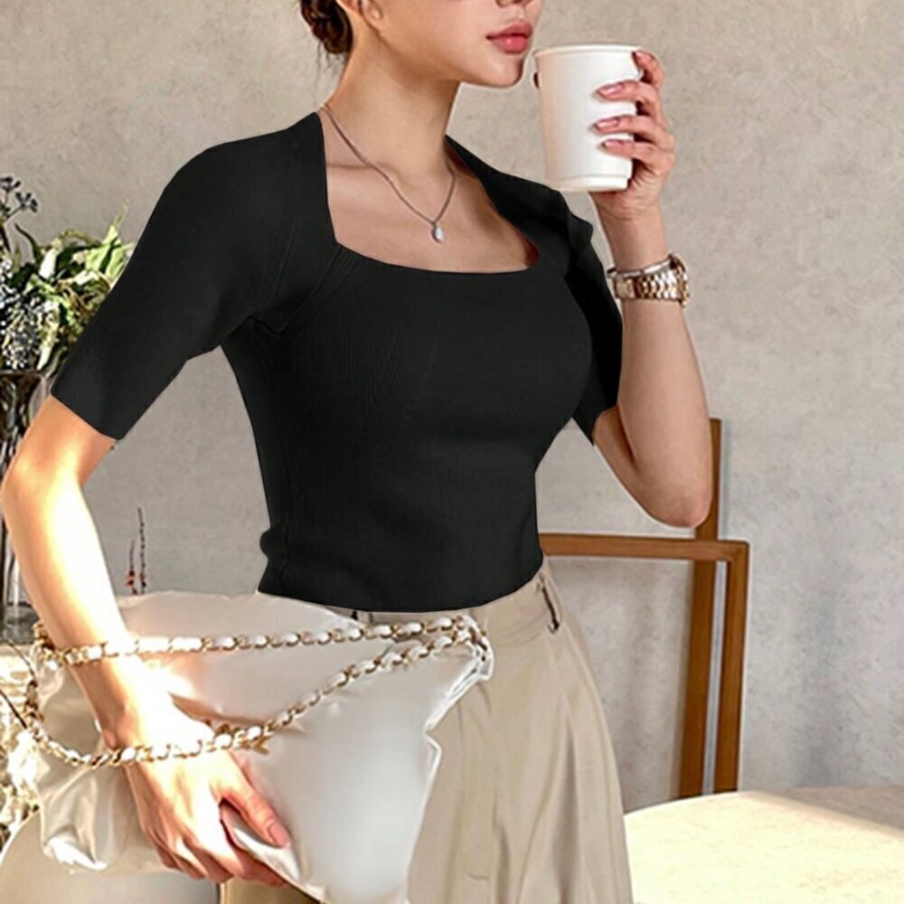 Black Casual Women's Fitted Transformable Square Neck Knit Top - Picture 5 of 5